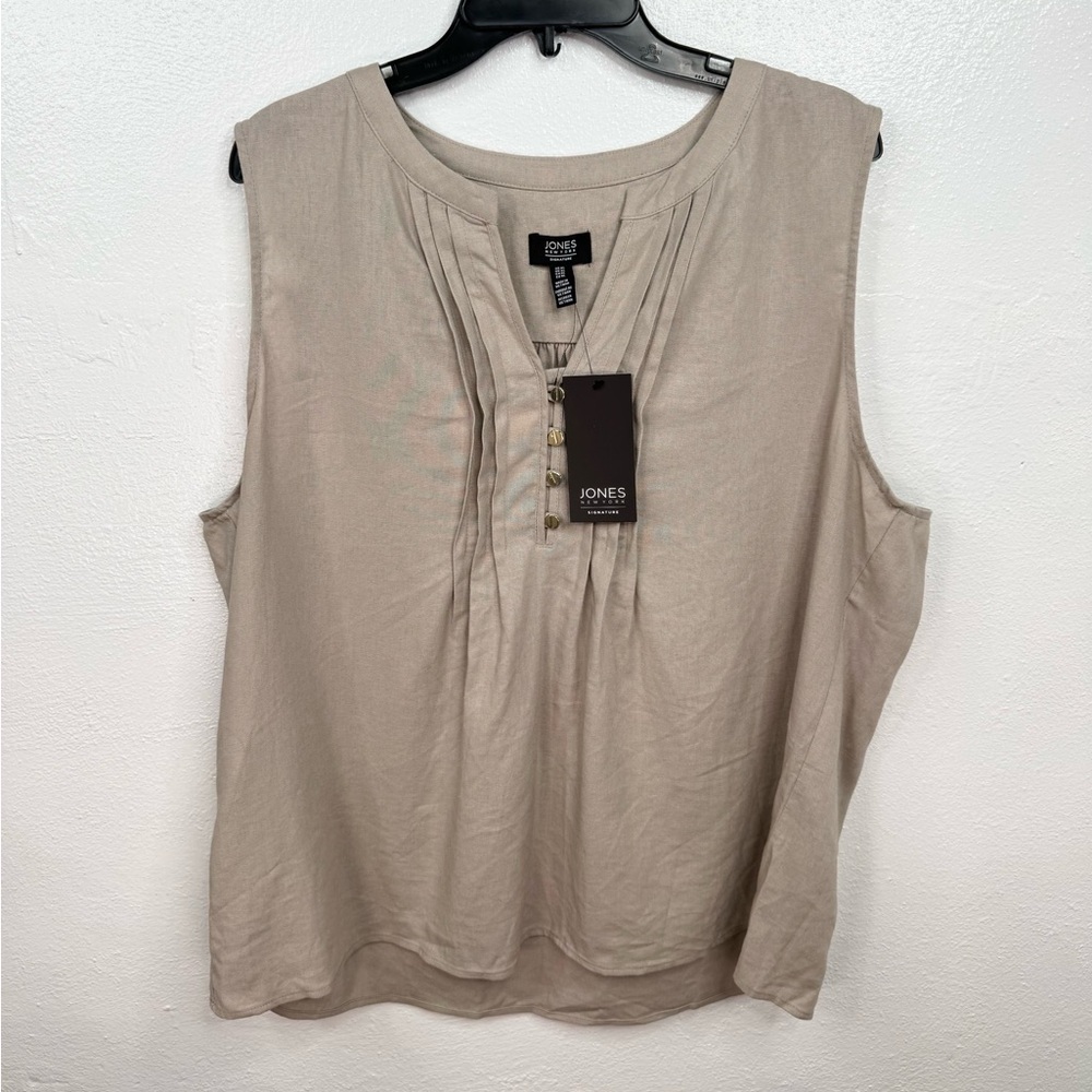 Jones New York Linen Top XL Taupe Sleeveless V-Neck Pleated Linen Blend